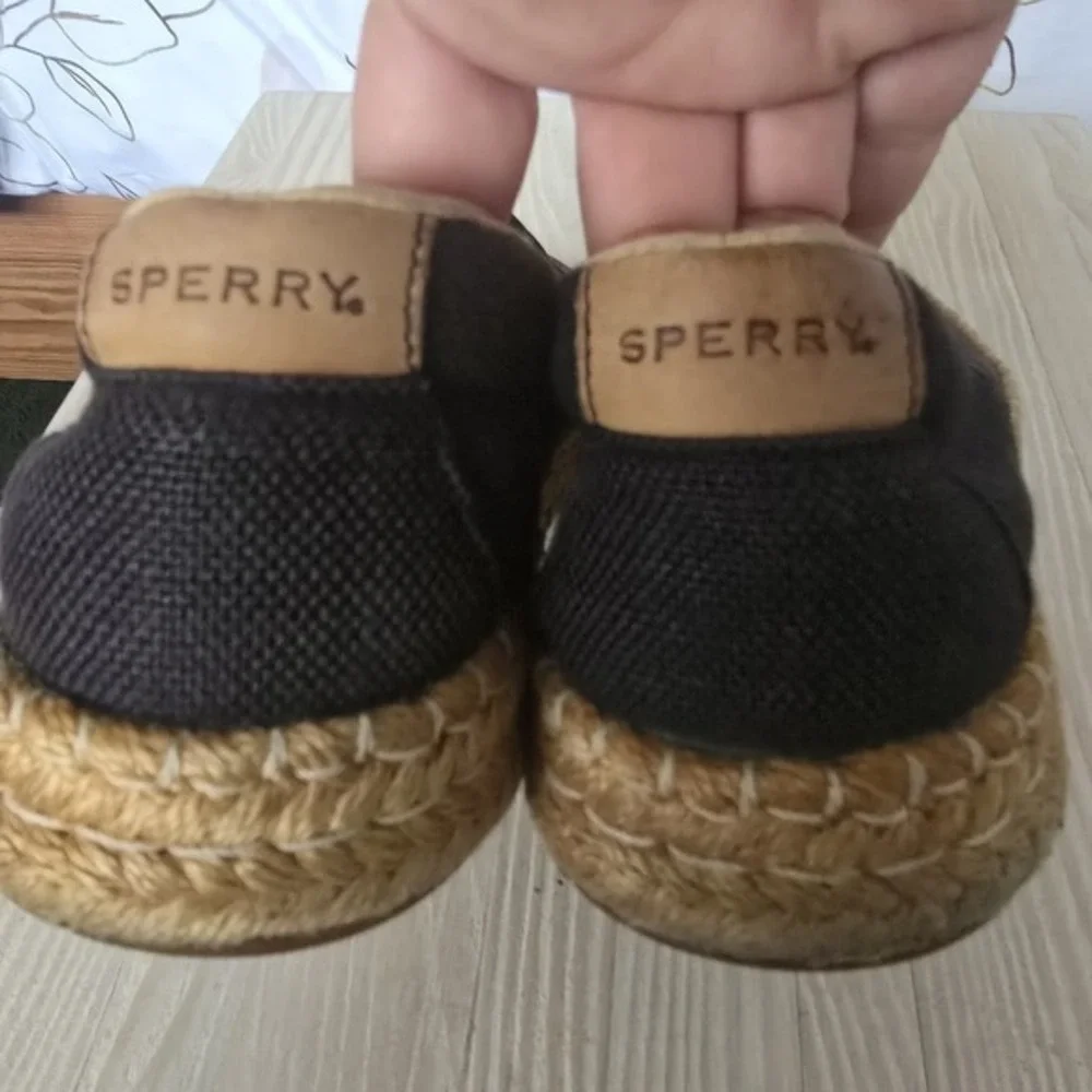 Sperry Womens Black Canvas Espadrille Slip On‎ Flats Shoes Size 8.5M